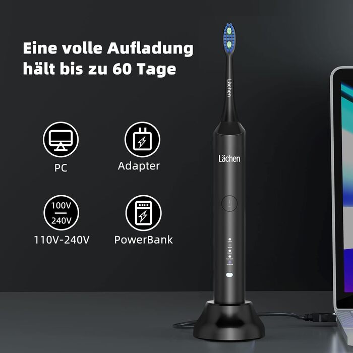 Електрична звукова зубна щітка Läschen з 5 режимами, кейс, 4 насадки, USB-зарядка, таймер, IPX7, чорна