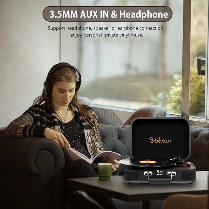 Вініловий програвач з динаміками і Bluetooth 5.4, ретро-дизайн, 33/45/78 об/хв, USB-оцифрування, RCA/AUX, портативний кейс, чорний