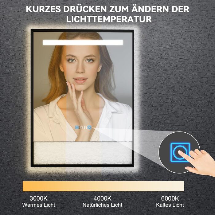 Дзеркало для ванної кімнати YU YUSING 80x60 см з підсвічуванням LED, 3 кольори світла, регулювання яскравості, антизапарник, сенсорне управління, таймер, загартоване скло, IP44 (чорний з полицею)