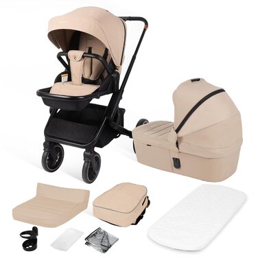 Дитяча коляска 2-в-1 BabyVoyage з люлькою та прогулянковим блоком, поворотні колеса 360°, амортизація, регульована ручка, складана, колір зелений (хакі)