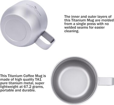 iBasingo чашка для еспресо Titan 200мл, подвійні стінки, нержавіюча сталь, для лате, капучино, какао, чай, подорожі, кемпінг, ультралегка, міцна