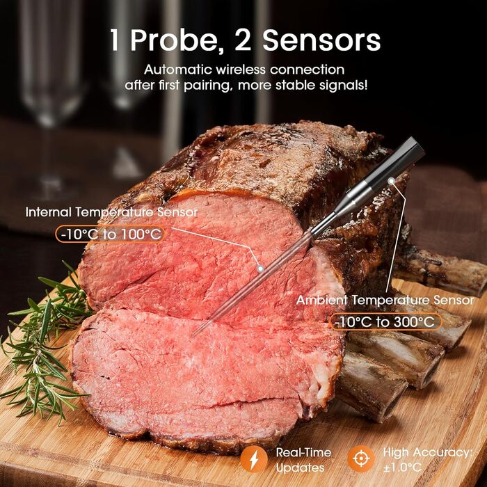 Беспроводной термометр для мяса DOQAUS 158m Bluetooth, IPX7, для гриля, духовки, мангала, аэрофритюрниці, чорний