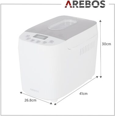 Хлібопечка Arebos 1500г з 15 програмами, таймером та LCD дисплеєм | 850 Вт | Білий