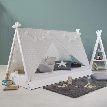 Дитяче ліжко 90x200 Біло-сірі зірки Ліжко для дому Ліжко-вігвам для дітей Дерев'яне ліжко з рейковою основою з дерева, 4u 1847