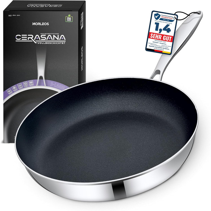 Сковорода Morleos з керамічним покриттям Ø 32 см, без PFAS та PTFE | Сковорода з антипригарним покриттям, стійка до подряпин, 5-шарова, 3 мм, 1,67 кг | Преміум-сковорода для індукційних плит | Антипригарна, для духовки та посудомийної машини Ø 32 см (32 с
