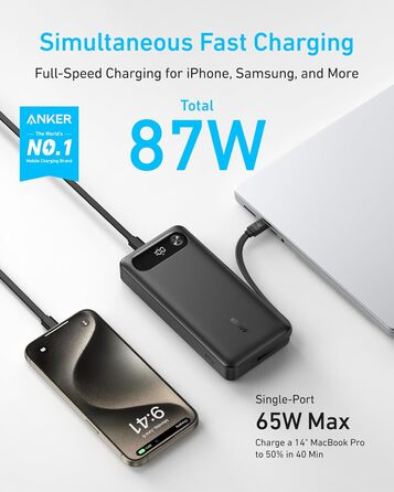 Powerbank Anker 20000mAh з USB-C кабелем, 87W, чорний (MacBook, iPhone, Samsung, Switch)