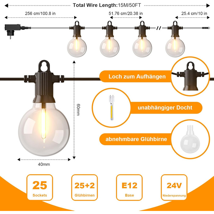 Ланцюжок прикрас Kawaya 10M з LED-лампочками для вулиці: 15+1 лампа, IP65, тепле світло, для балкона, тераси, саду, вечірки