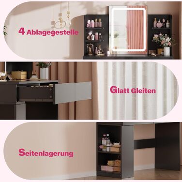 Великий туалетний столик Airfish з підсвічуванням 108x40 см, з дзеркалом та полицями, 2 шухляди, регульована яскравість, 3 кольори, для спальні/вітальні (білий туалетний столик) (чорний туалетний столик)