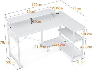 Кутовий стіл ODK L-образний стіл з полицею, ігровий стіл L-образний з підставкою для монітора, комп'ютерний стіл L-образний для домашнього офісу (білий)