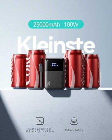 Портативний зарядний акумулятор INIU на 25000mAh, 100W, USB-C, для ноутбуків, телефонів, iPad, DJI, камер, iPhone 17/16/15/14, чорний