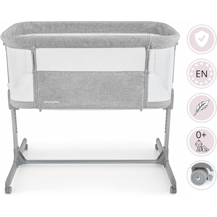 Дитяче ліжко Moby-System Luna 3 в 1: ліжко, манеж, подорожі з матрацом. Регулювання висоти, до 9 кг, знімні бортики, 4 колеса, сірий колір