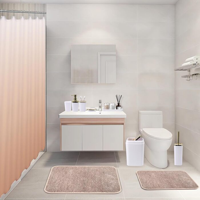 Комплекти аксесуарів для ванної кімнати, 9 предметів: сміттєвий бак, лоток для косметики, дозатор мила, мильниця, стакан для зубної щітки, щітка для унітазу, тримач для ватних паличок (білий та золотий), комплект для ванної + штора для душу + килимок для 