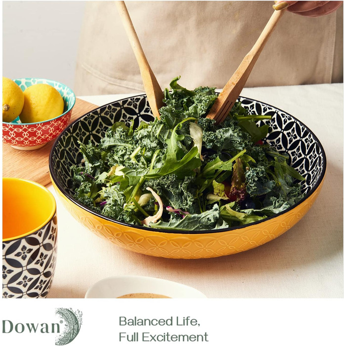 Салатник DOWAN 2000 мл, набір 2 шт, діаметр 24.1 см, порцеляновий, для пасти, мікрохвильова піч, посудомийна машина, штабельовані, різнокольорові