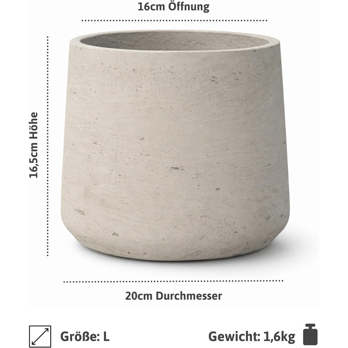 Вазон Patt Pflanzgefäß Grau L: сірий вазон з бетону для дому та саду, морозостійкий, UV-стійкий, Ø20 см, 16x16.5 см