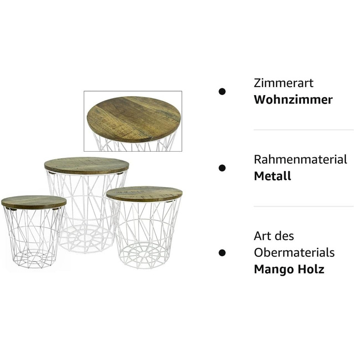 Набір з 3 металевих кошиків Бічний столик чорний - Сучасний металевий і дерев'яний стіл для вітальні - дротяний кошик з кришкою - круглий кошик для зберігання Журнальний столик у 3 розмірах - Стіл для вітальні (3-місний кошик для бічного столу з білого де
