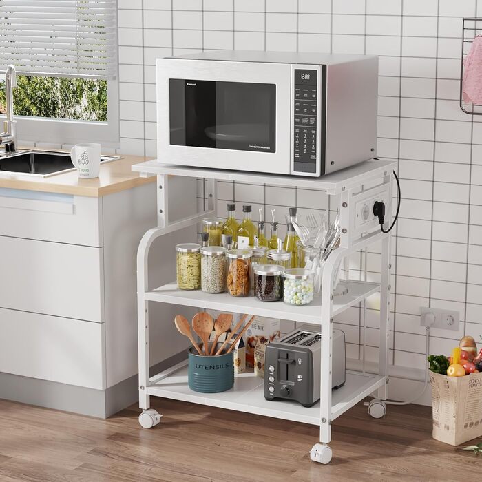 Тристопельний стіл для принтера з розеткою та USB-портами, регульовані полиці, роликовий стійка для дому/офісу, для 3D/лазерного друку, термопреса (білий, 60 см)