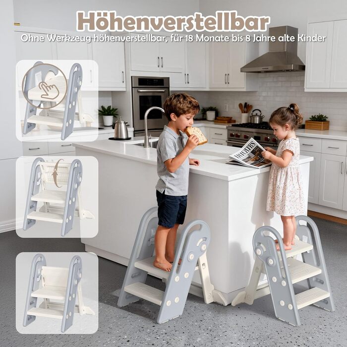 Дитячий підсвічник Onasti Tritthocker: регульована висота, 3 ступені, з ручками, складний, анти-кіп та анти-ковзний, для кухні, ванної кімнати, умивальника та туалету (сірий)