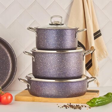 Набір посуду Karaca Biogranit Steel Plus з 7 предметів, індукційний, фіолетовий, корисний для здоров'я, передові технології, максимальний час