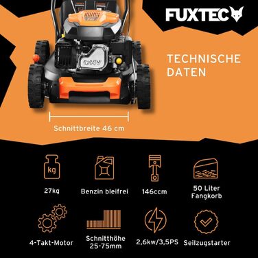 Бензокоса FUXTEC 3в1 FX-RM4646ECO: 3,5PS, 46 см, 50л кошик, мульчування, 25 кг