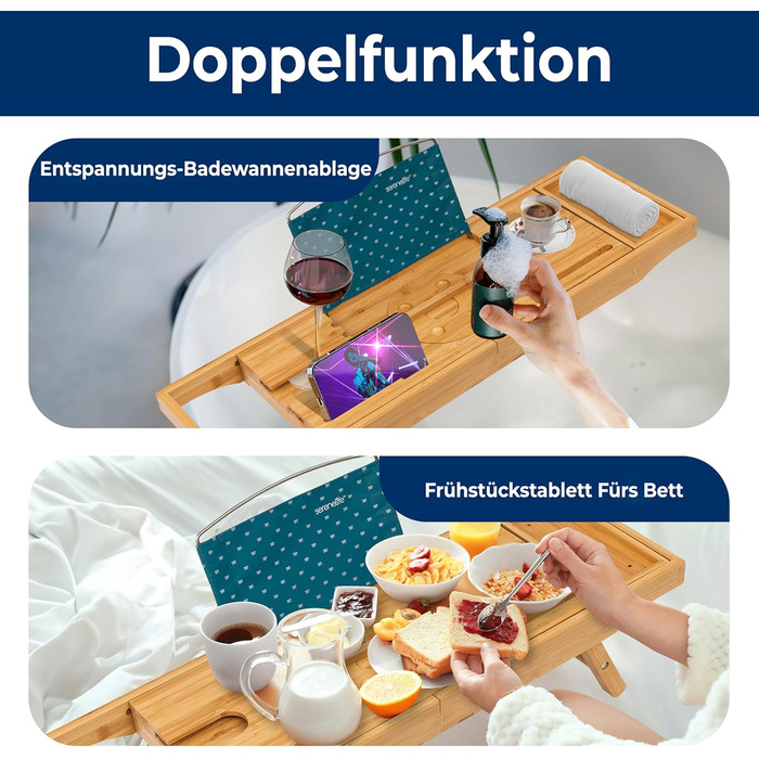 Сервірувальне піднос SereneLife 2-в-1 для ванни та ліжка – бамбуковий, складаний, регульований за розміром, вологостійкий, з жорсткою та м'якою задньою частиною, подарунковий набір