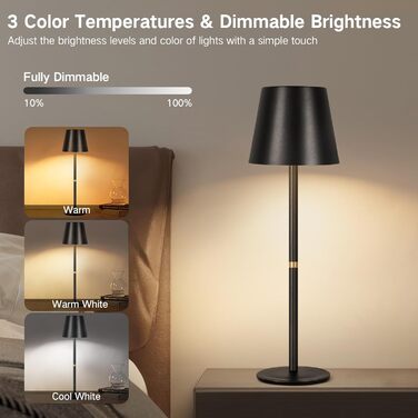 LED-лампа настільна OUTON 2 шт. бездротова з LED-індикатором, сенсорне керування, 3 колірні температури, USB-C зарядка, IP54 водостійкість, 30 годин роботи – для дому та на подарунок, чорний