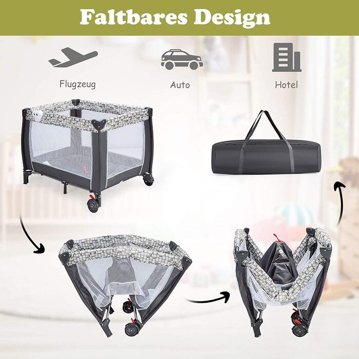 Детское путешествие 102x72 см: складная кроватка-манеж для новорожденных и детей 0-36 месяцев с матрасом, колесиками, москитной сеткой и пеленальным столиком, 3 в 1 (Model 2-gray)