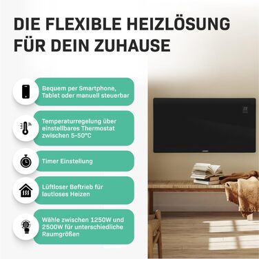 Електричний конвекторний обігрівач VONROC - 2500W, білий/чорний, керування через додаток, для площі до 24м²