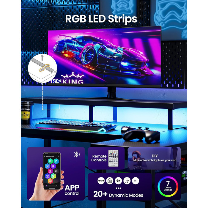 КубіКубі L-подібний кутовий стіл 105x80 см з LED підсвіткою та розетками, чорний. Стіл для ігор, навчання, офісу, з підставкою для монітора.