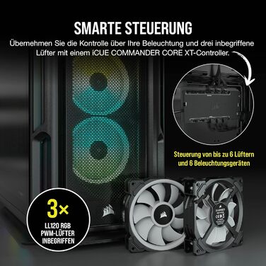 Корпус для ПК Corsair iCUE 5000T RGB, середній ATX, 208 адресованих RGB-LED, підтримка кількох 360-мм радіаторів, 3 вентилятори LL120 RGB, контролер COMMANDER CORE XT, чорний