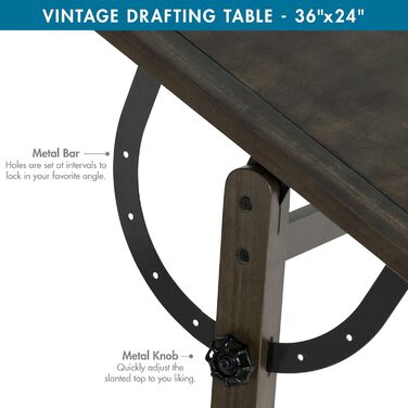Стіл для малювання Studio Designs Vintage з осередком для олівців, 91.4 x 61 см, вінтажний стиль, регульований, нахильний, чорний