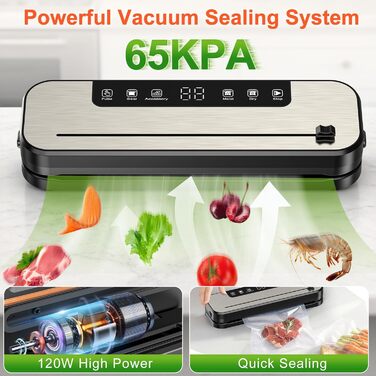 Вакууматор SHINER 6-в-1 для сухих та вологих продуктів, компактний вакуумний пакувальник з цифровим дисплеєм та набором пакетів, сріблястий