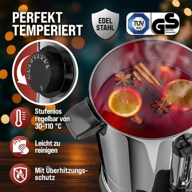 MONZANA Електричний нагрівач для глінтвейну 20 л з краном, термостатом 30-110°C, з нержавіючої сталі, на 90 чашок, для консервування, нагрівач пуншу, автомат для гарячих напоїв 20 л