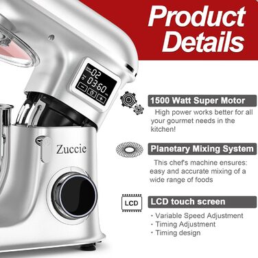 Кухонна машина 1500W 8L з 6 швидкостями, функцією ферментації та LCD-дисплеєм. Комплектується міксером, гаком для тіста та вінчиком (срібна)