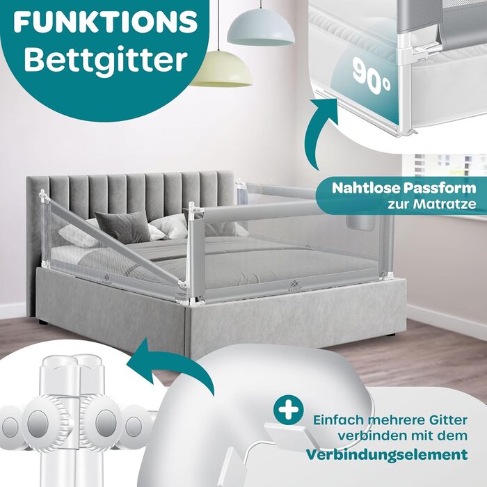 Захисний бортик для ліжка KESSER 150 см: сітчастий бортик-перегородка для дитячого ліжка, складаний, регульований по висоті, сірий