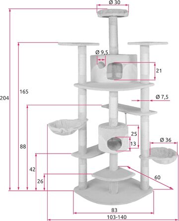 Кігтеточка для кішок tectake XXL для котів, з аксесуарами, лежачий лоток, 2 котячі печери, мотузка з сизалю, стеля висока - сірий/білий