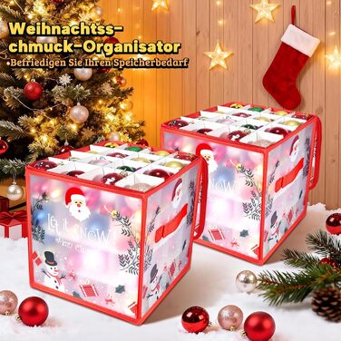 Коробки для прикрас на ялинку 2 шт. з відділеннями, для зберігання ялинкових кулі, з різдвяним малюнком, з відділеннями, з застібкою-блискавкою