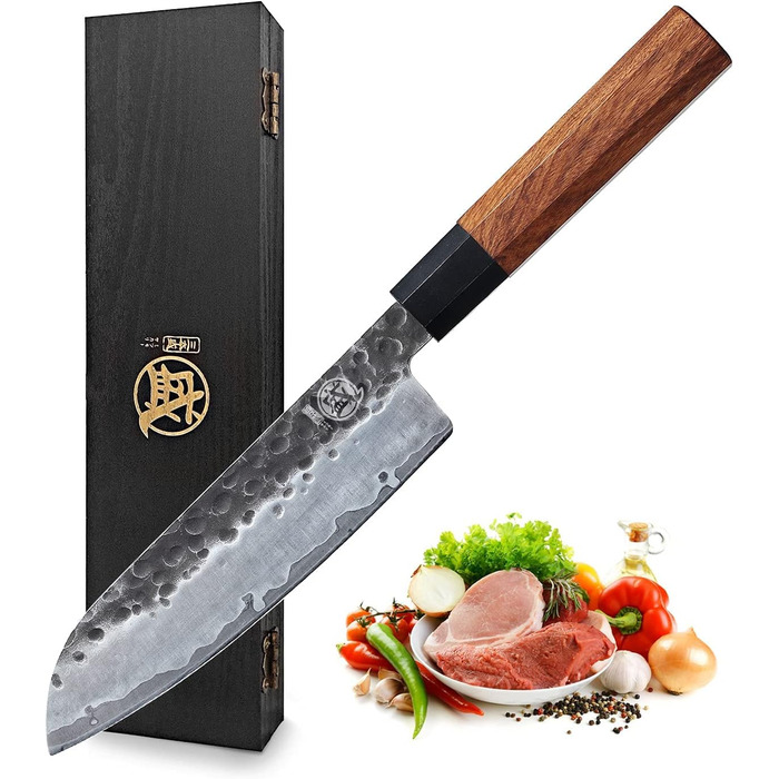 Японський ніж Mitsumoto Sakari Santoku 19 см з високоякісної сталі, ручка з рожевого дерева, подарункова коробка