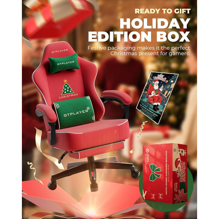 Ігровий крісло GTPLAYER з різдвяним мотивом, з підніжкою, широке сидіння, з подушкою для спини та синхронізованими підлокітниками для великих людей, велюр, червоний, на Різдво