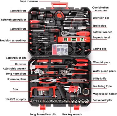 Набір інструментів TLGREEN 198 предметів у кейсі: побутовий, з тріскачкою, набором головок, викрутками – червоно-чорний