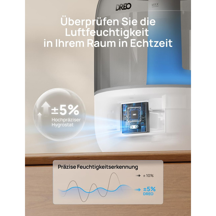 Зволожувач повітря Dreo для спальні, ультразвуковий холодний туман, 30 годин роботи, 3л резервуар, датчик вологості, нічник для дітей, кімнатних рослин та дому (Сірий)