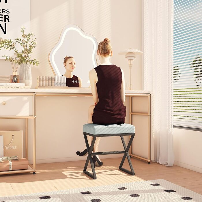 Пуф для макіяжу, пуф-табуретка з льону, 40x30x46 см, сіро-блакитний колір, HBD033G