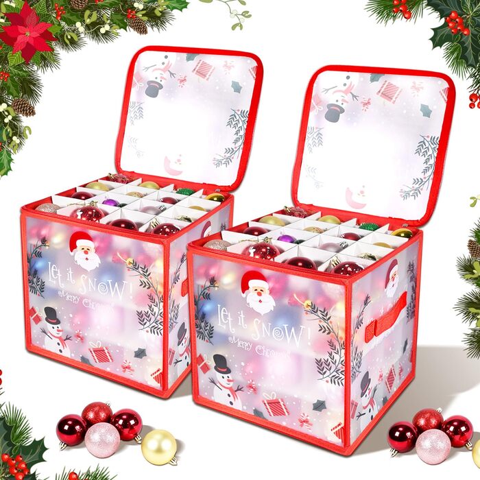 Коробки для прикрас на ялинку 2 шт. з відділеннями, для зберігання ялинкових кулі, з різдвяним малюнком, з відділеннями, з застібкою-блискавкою