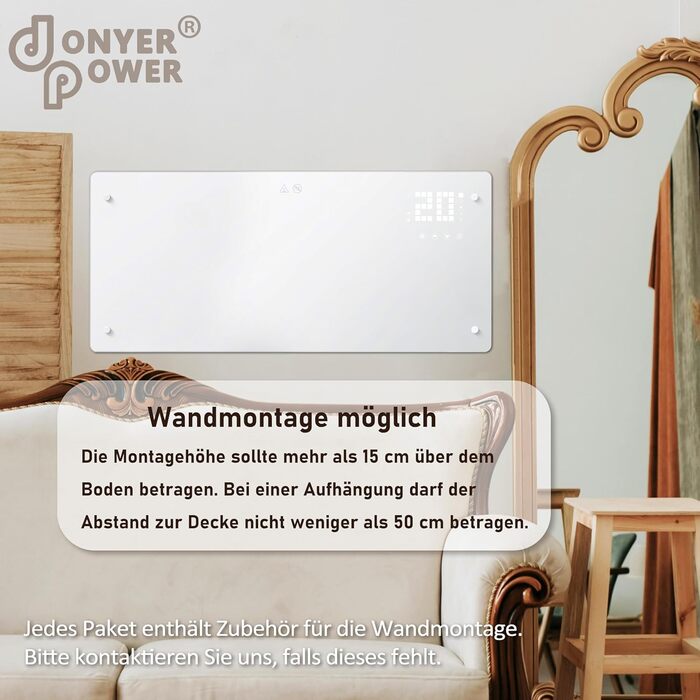 Конвектор DONYER POWER 2500W з Wi-Fi, 24H таймер, дистанційне керування, ультратонкий, настінний/підлоговий, білий