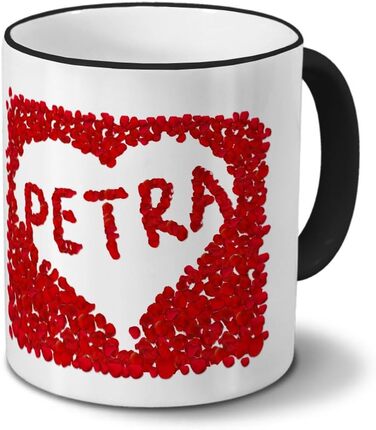 Кружка з ім'ям Петра - Квіткове серце - Іменна кружка, кавова кружка - Колір (Чорний)