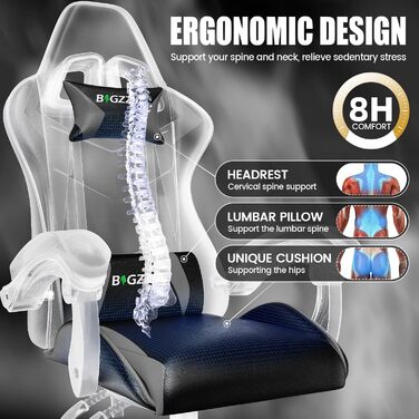 Ігровий крісло Bigzzia - ергономічне крісло для ПК з підголівником, RGB підсвічуванням, для юнаків та дорослих (чорно-сірий, без LED)