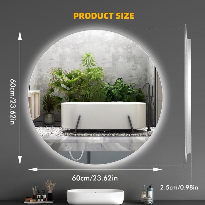 Дзеркало для ванної кімнати Sararoom з підсвічуванням, кругле LED дзеркало 600 мм, з підсвічуванням, 3 кольори світла, регулювання яскравості, запобігання запотіванню, кругле скло, функція пам'яті, 600 x 600 мм