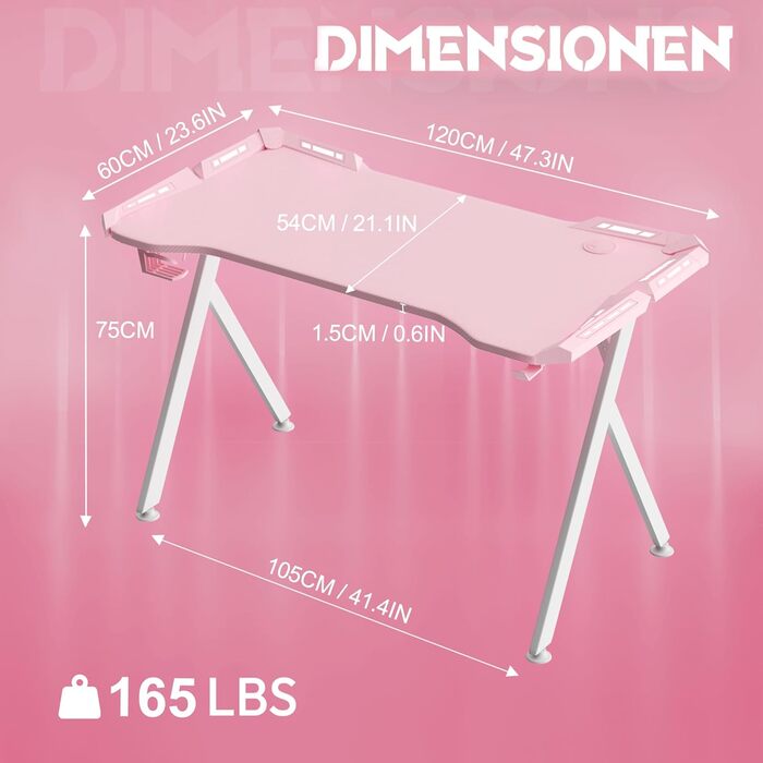 Ігровий стіл YRHome з RGB-підсвічуванням та підставкою для навушників та стаканом. Білий (120x60x75см, Рожевий)