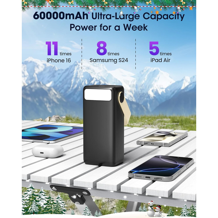 Power Bank 60000mAh Große Kapazität: Портативний акумулятор 60000mAh з USB-C, 3 виходи, 22.5W, для ноутбука, смартфона, планшета (Чорний)