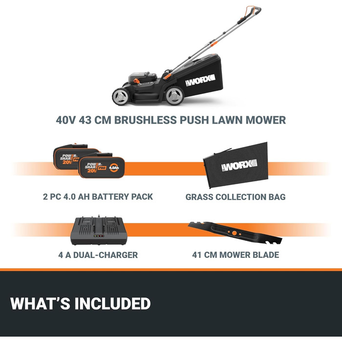 Акумуляторний газонокосарка WORX WG749E 40V PowerShare з приводі в колесах, безщітковий двигун, ширина зрізу 46 см, 7 положень висоти зрізу, в комплекті акумулятор та зарядний пристрій