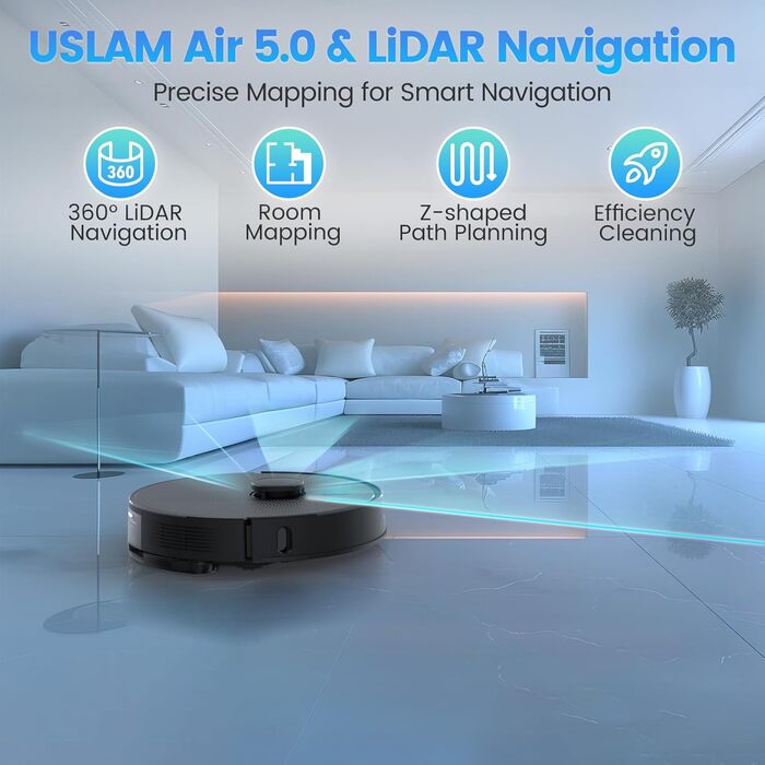 Робот-пилосос з функцією миття та станцією самоочищення, об'єм 3.5л, для килимів та шерсті тварин, з керуванням через додаток та Alexa, LiDAR навігація, час роботи 180 хвилин (світло-чорний)